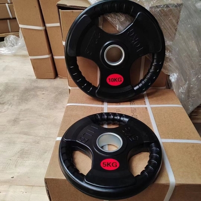 Buy 3 Holes Black Rubber Coated Weight Plate Free Weights Barbell Plate online manufacture